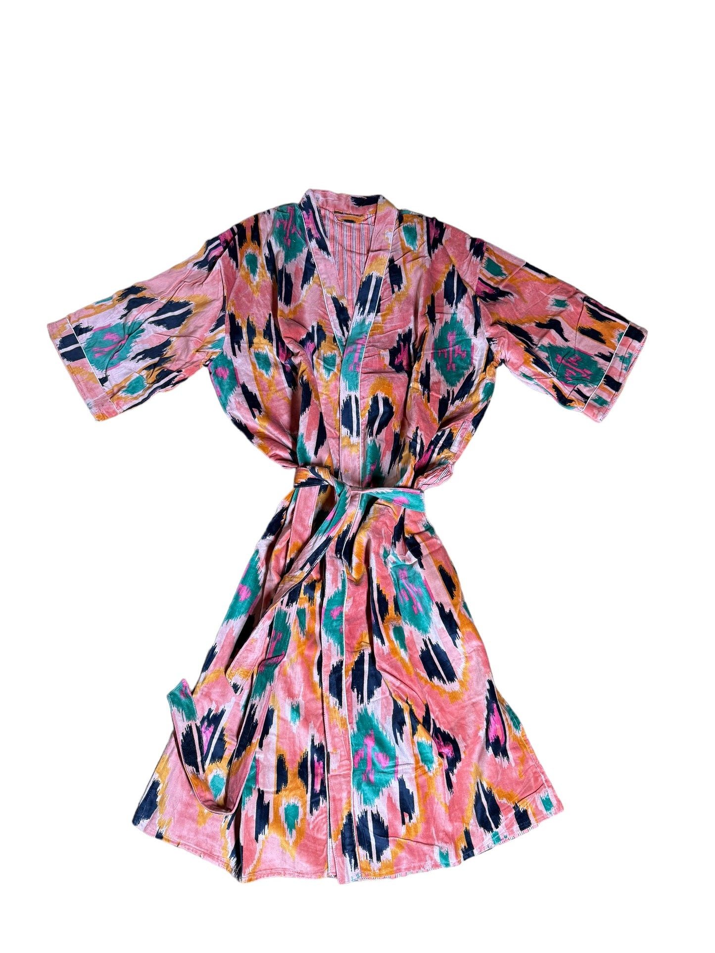 PEIGNOIR EN VELOURS DE COTON IMPRIMÉ IKAT ROSE