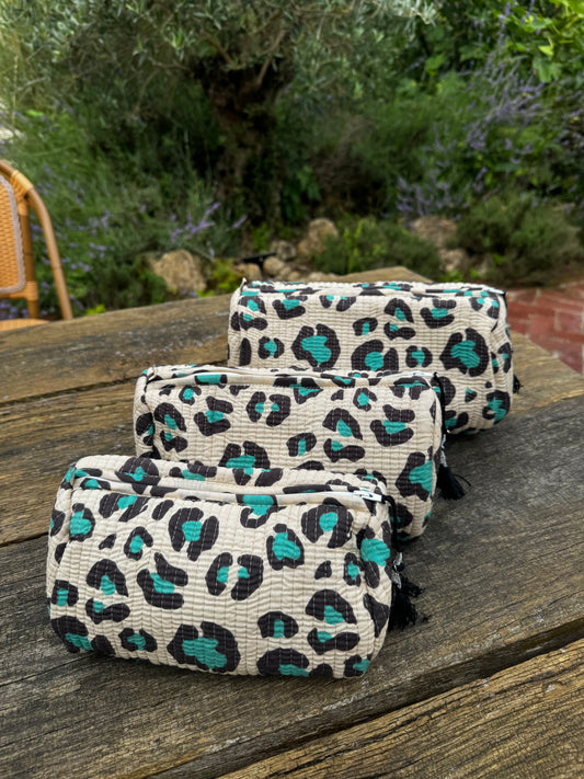 Set 3 pouches leopard turquoise