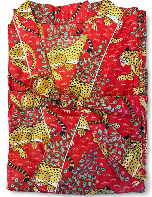Peignoir coton rouge tigres