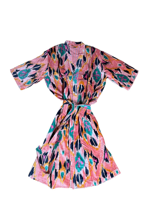 PEIGNOIR EN VELOURS DE COTON IMPRIMÉ IKAT ROSE